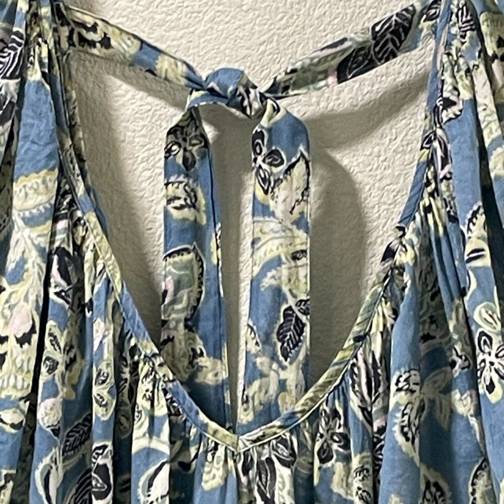 FREE PEOPLE "Kauai Getaway" Tunic Mini Dress Flutter Sleeve Blue/Green Floral L - Picture 5 of 13